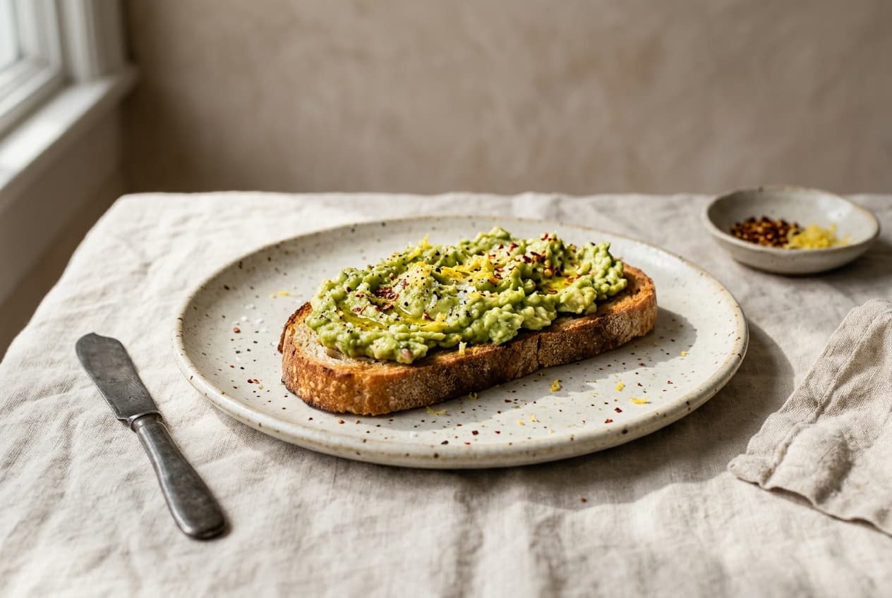 Avocado toast on a speckled ceramic plate beside a knife and a dish of chili flakes