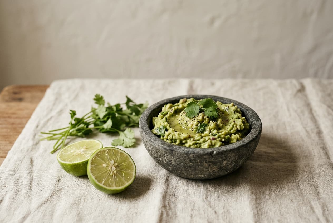 Guacamole in a stone mortar with halved limes and cilantro beside it