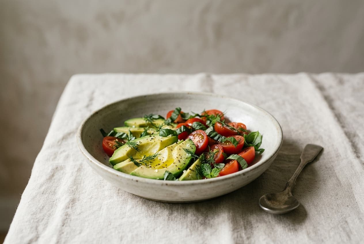 A shallow bowl of sliced avocado with cherry tomatoes and torn herbs