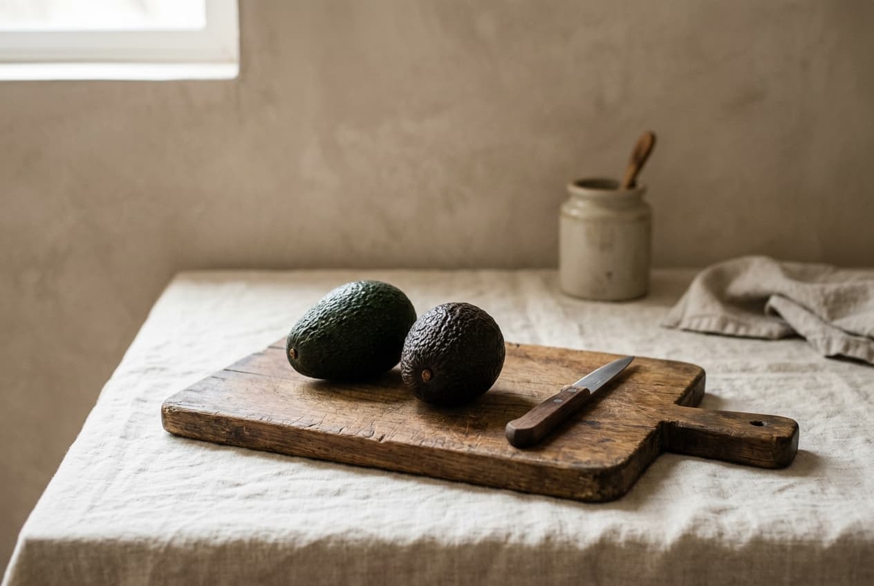 Two whole avocados and a knife on a worn wooden board on a kitchen table