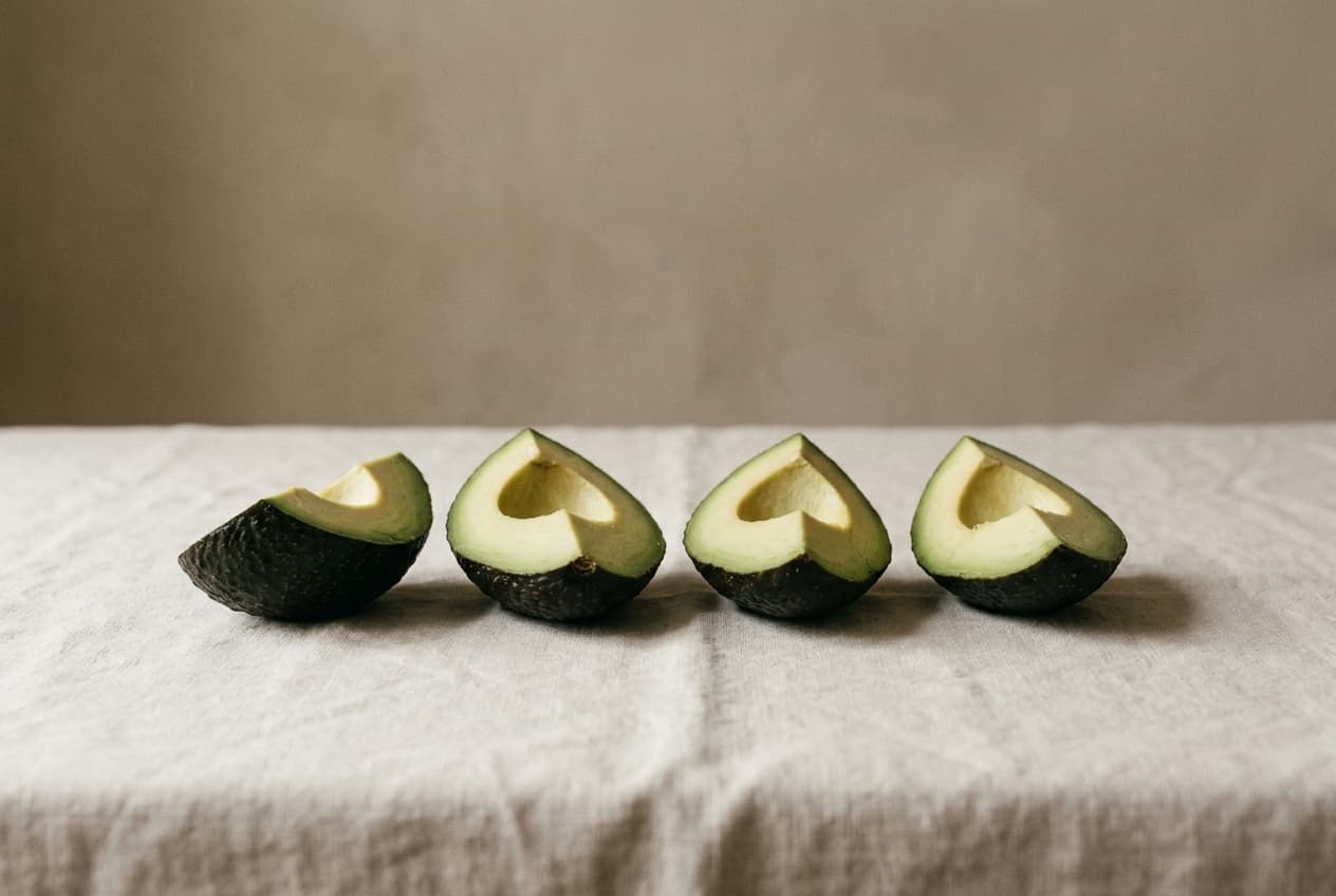 An avocado cut into quarters, laid out in a row on linen