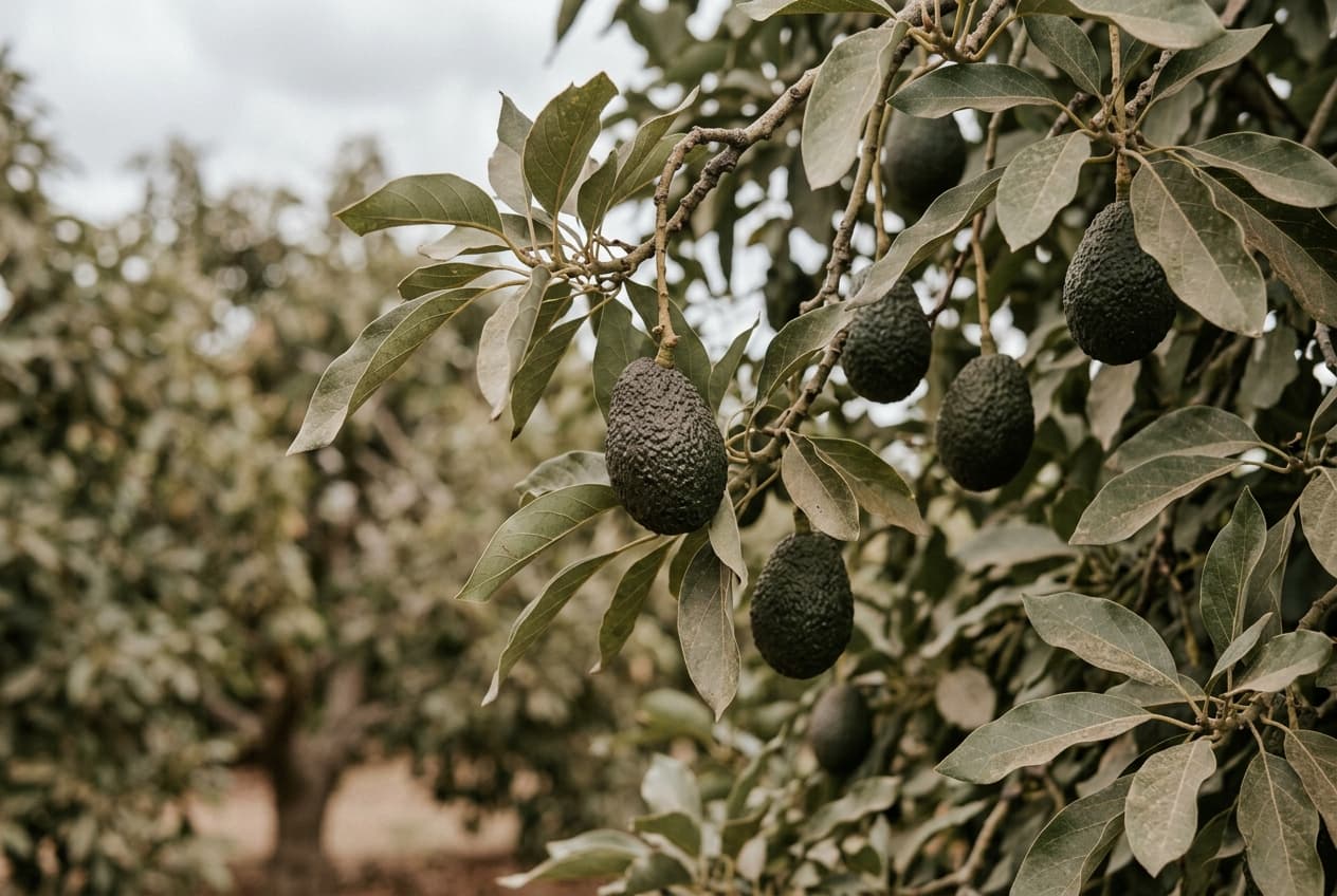 Avocados hanging on a branch among dusty leaves in a grove