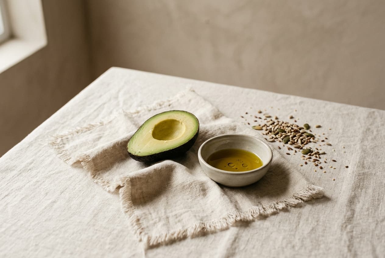 A halved avocado beside a small bowl of oil and scattered seeds