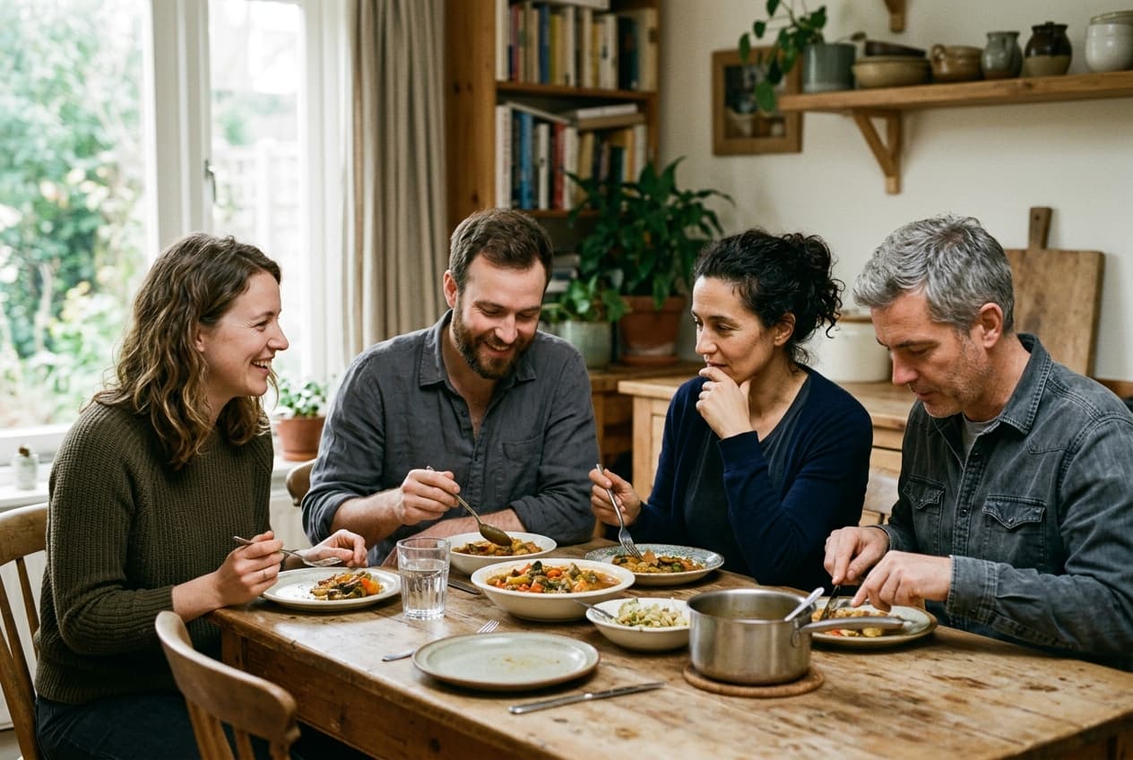 Four people sharing a meal around a kitchen table