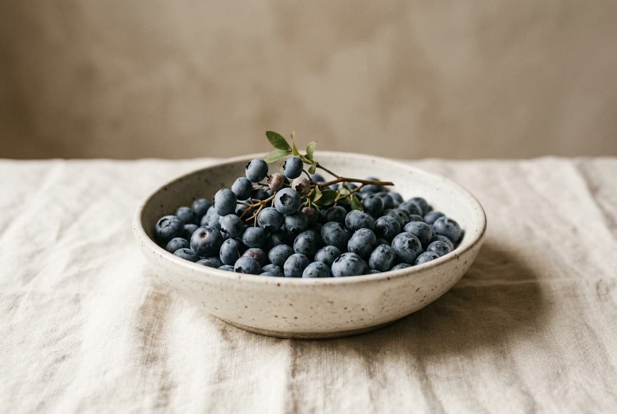 A shallow bowl of blueberries, some still on the stem