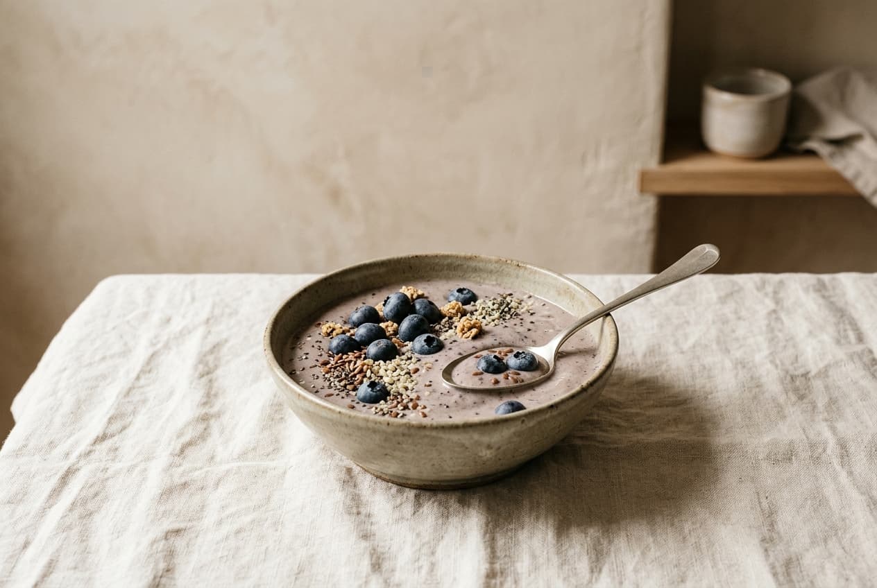 A blueberry smoothie bowl topped with berries and seeds