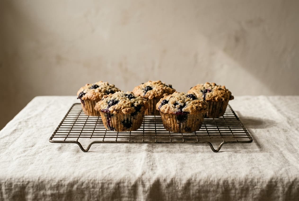 Blueberry muffins cooling on a wire rack