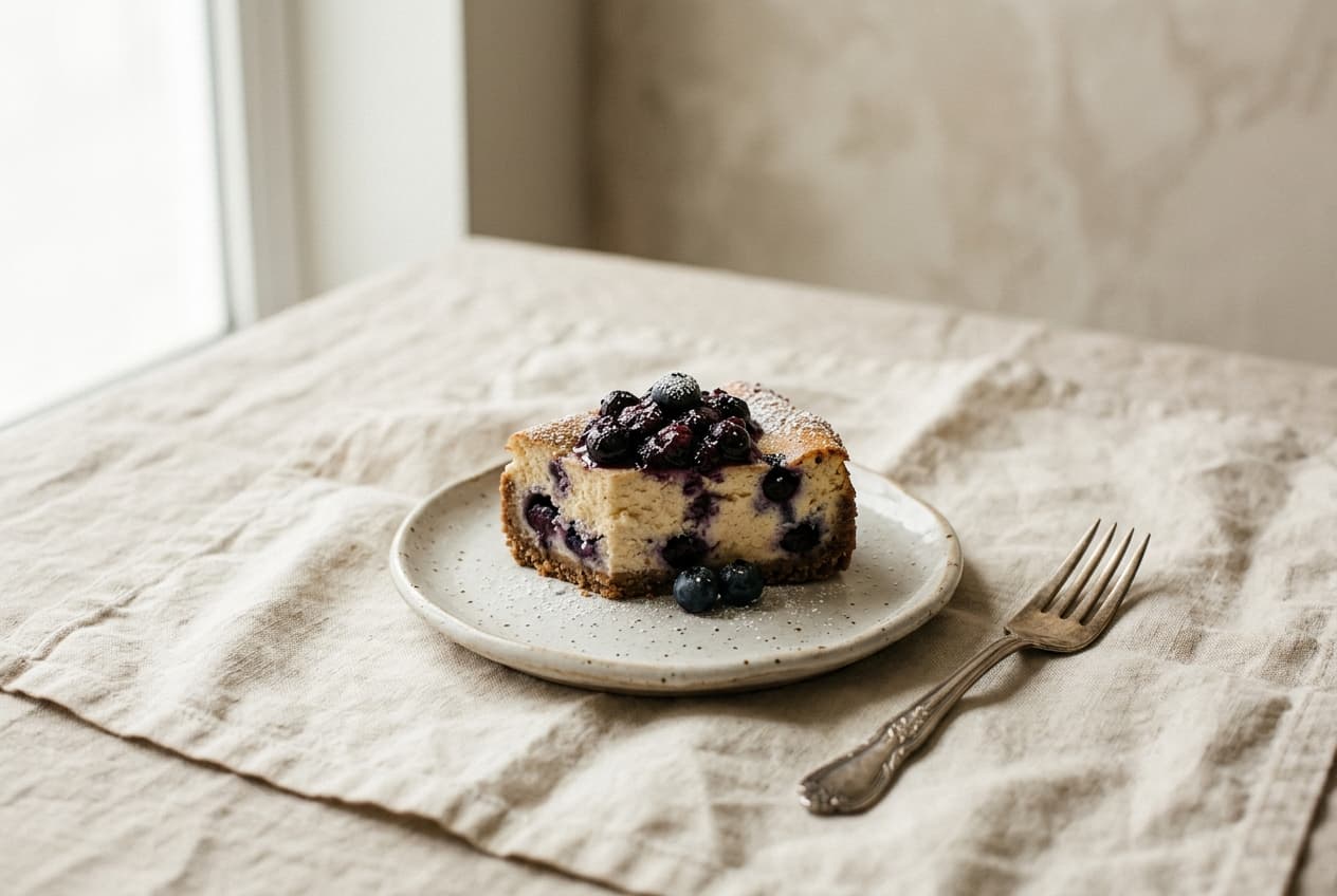 A slice of blueberry cheesecake on a small plate