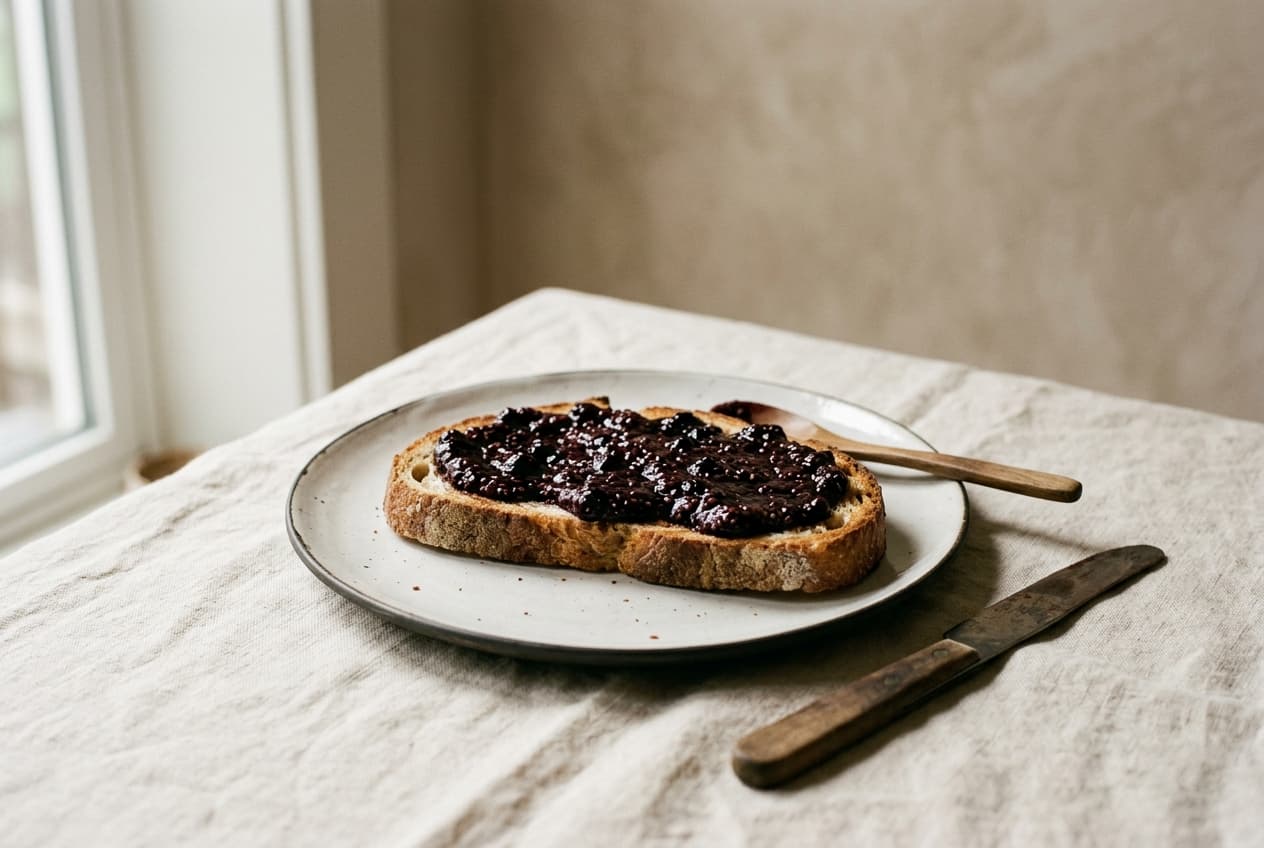 Blueberry chia jam spread on a slice of toast