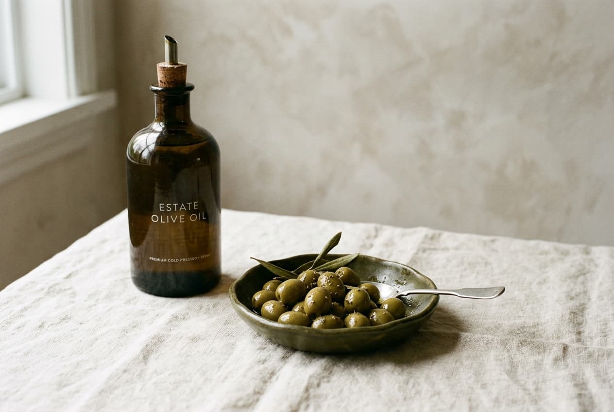 A dish of green olives beside a bottle of olive oil