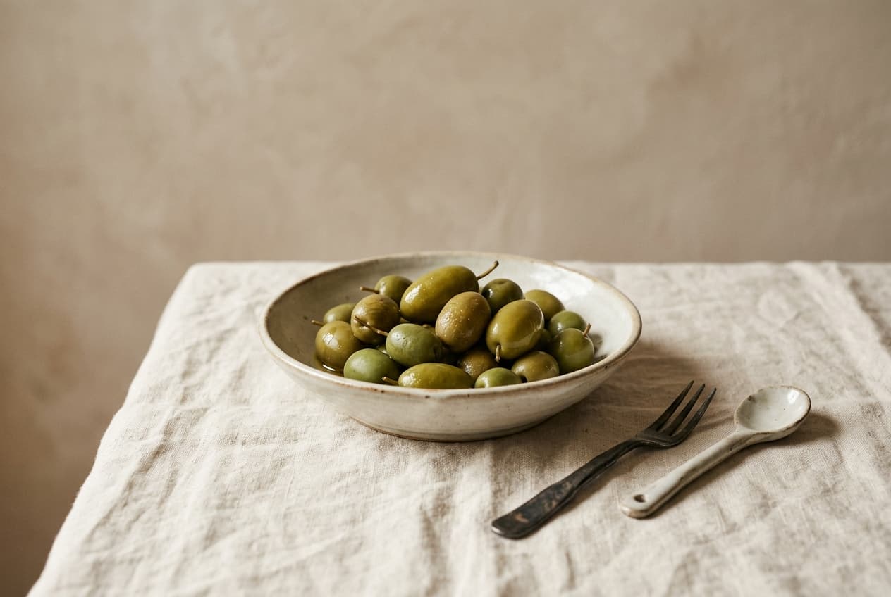 Green olives in a shallow ceramic dish