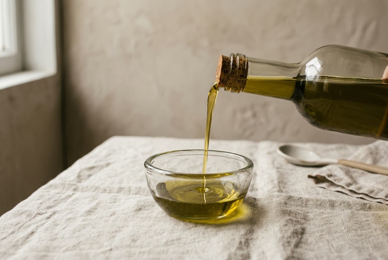 Olive oil poured into a small glass bowl