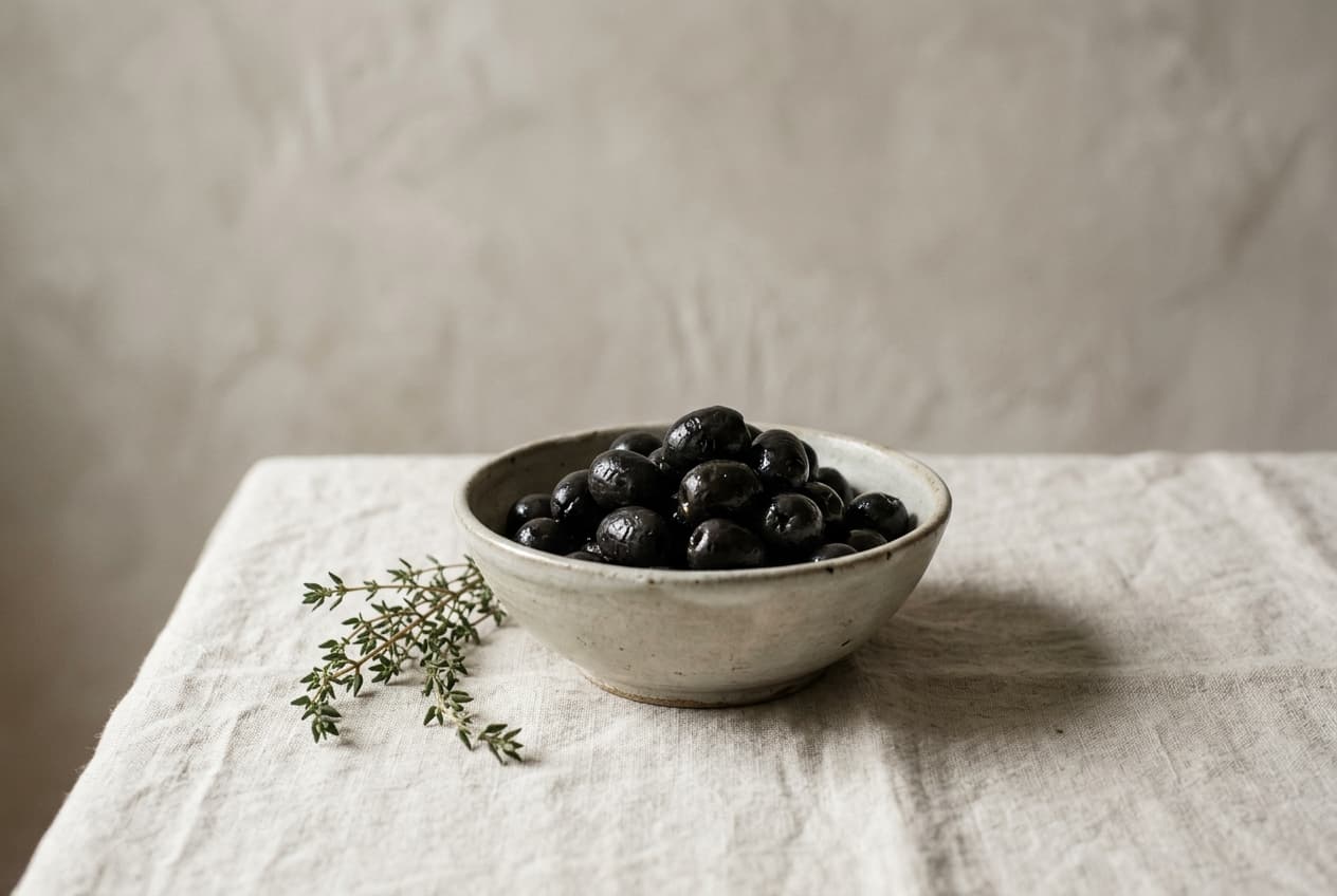 Black olives with a sprig of thyme