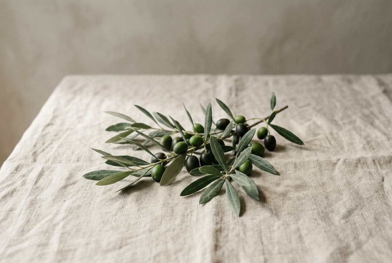A branch of olives with leaves resting on linen