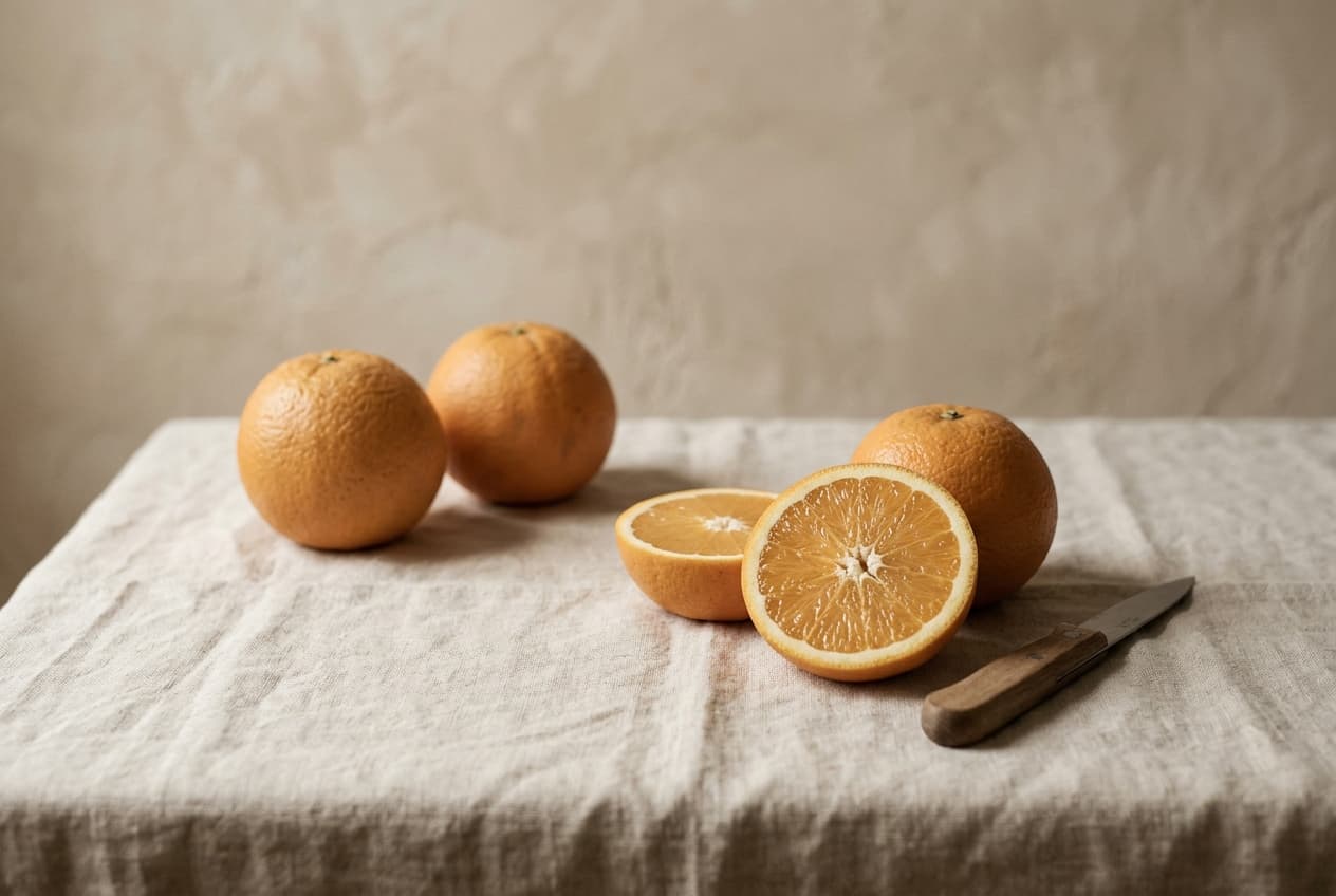 An orange cut in half beside two whole oranges