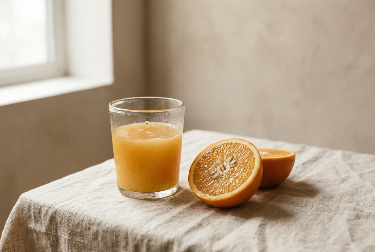 A glass of orange juice beside a halved orange