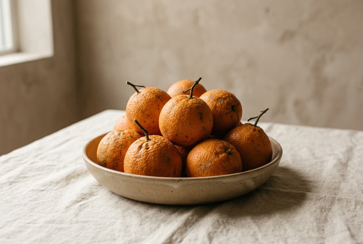 A pile of whole oranges in a shallow bowl