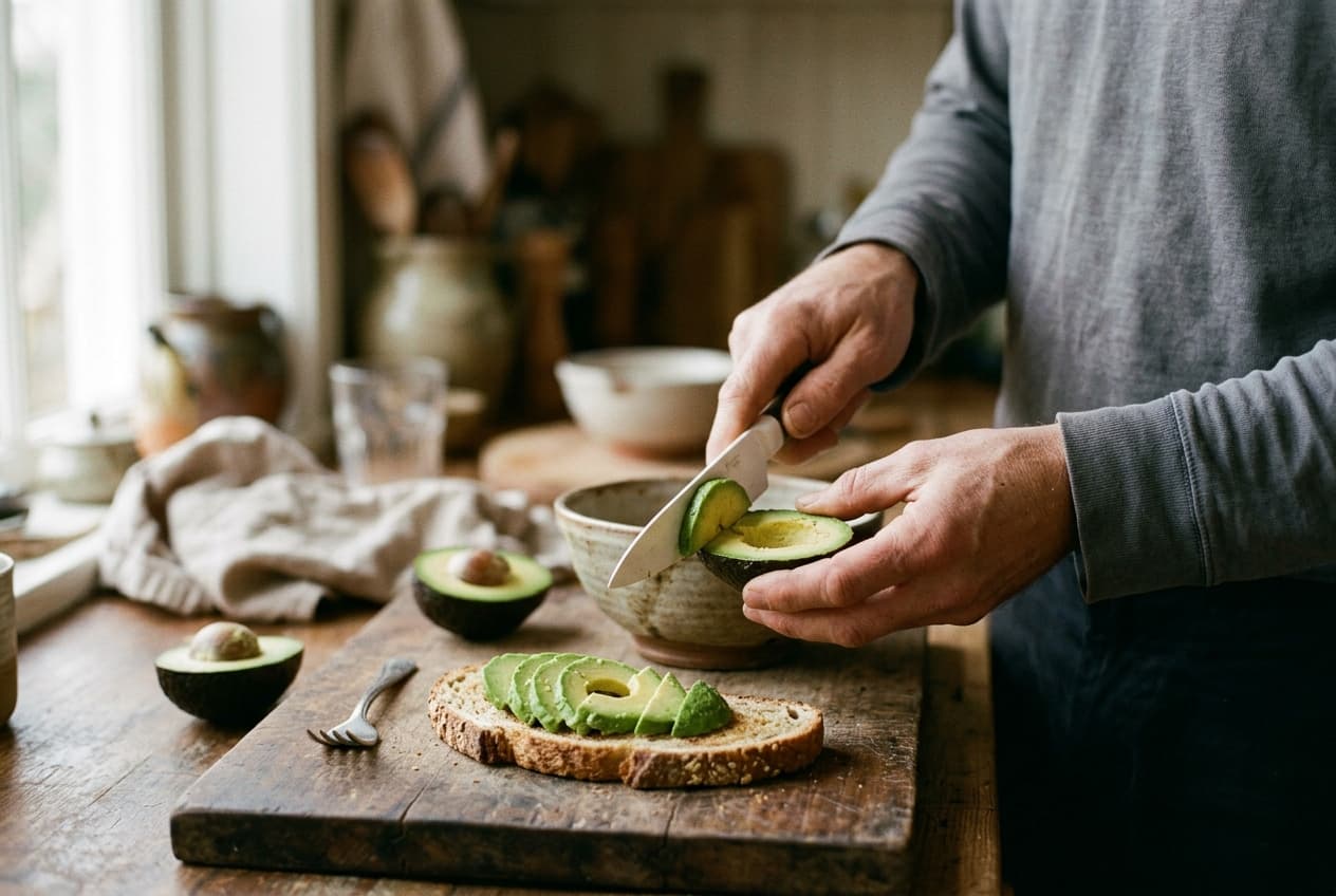 Hands slicing a ripe avocado onto toast on a wooden board