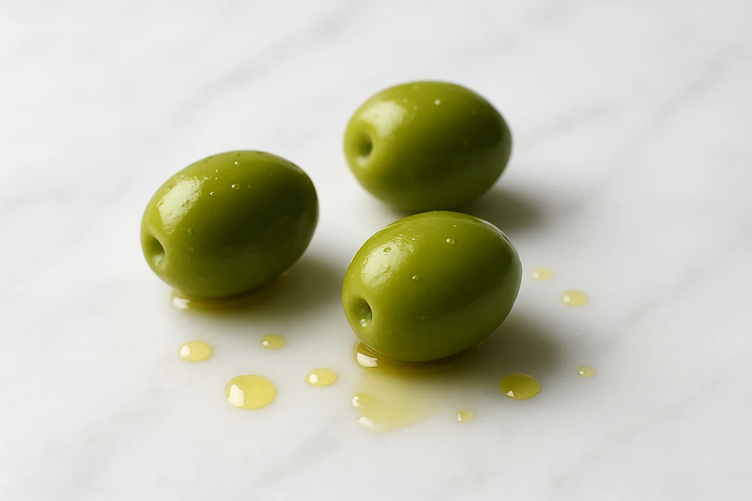 Three green olives on a white marble surface beside drops of olive oil