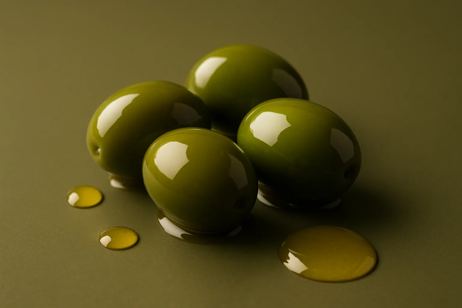 Glossy black olives with drops of oil beside them