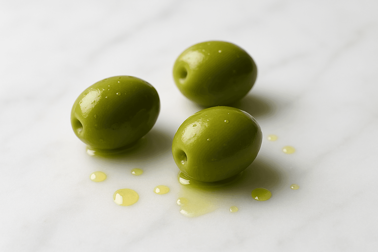Three fresh green olives on white marble surface with delicate drops of virgin olive oil, minimalist and elegant photography, soft natural lighting, clean and sophisticated composition