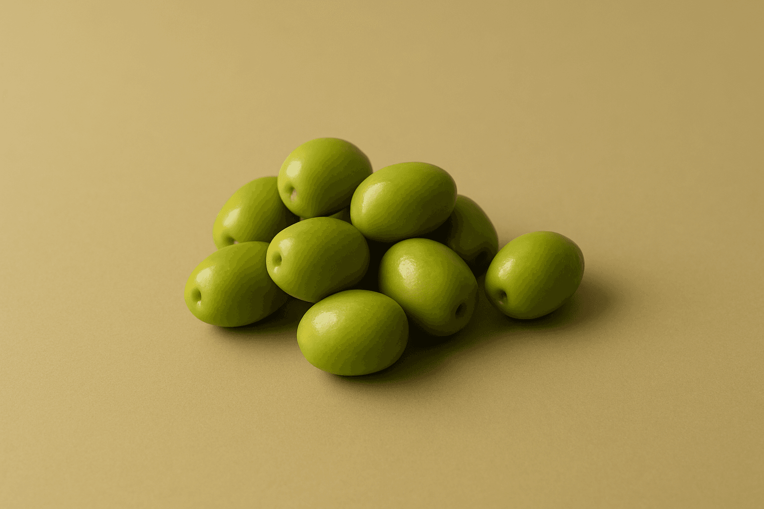 Fresh green olives on a neutral warm olive-toned background, minimalist product photography, soft natural lighting, clean composition