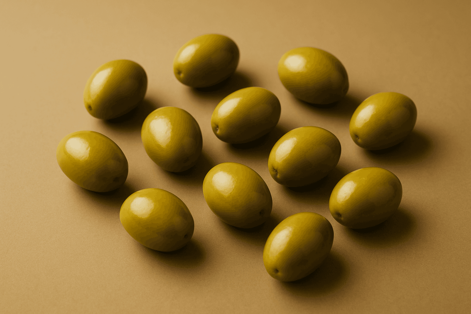Golden-green olives arranged on a neutral warm olive-toned background, professional product photography, soft diffused lighting, elegant and simple