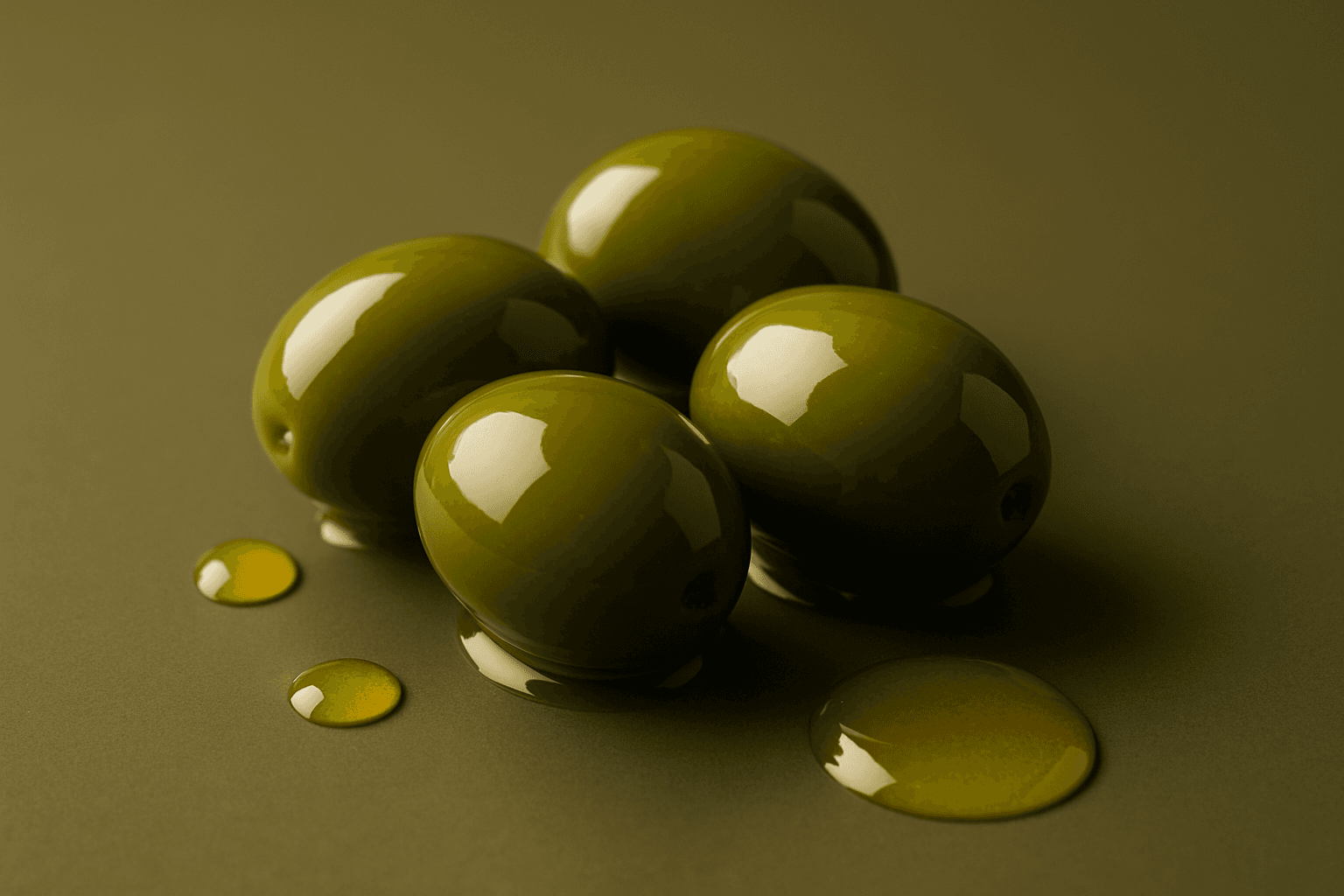 Glossy olives with olive oil drops on neutral warm olive-toned background, luxury product photography, sophisticated lighting, minimal aesthetic